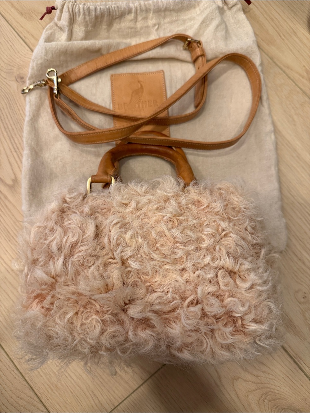 BROTHER VELLIES Shearling Satchel Bag in Light Beige with Tan Trim